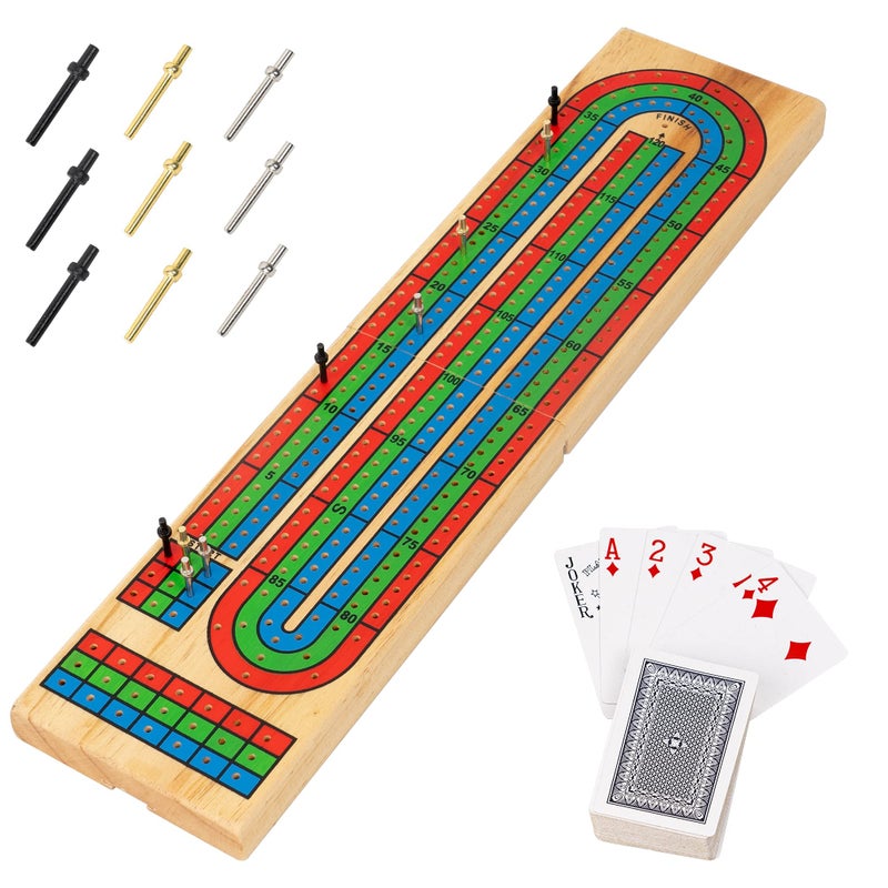 FUNPENY Traditional Wooden Cribbage Board Game Set, 3-Track Color Coded with Metal Pegs and Deck of Playing Cards - Image 1